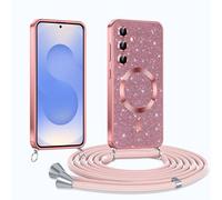Phoona Glitter Funda para Samsung Galaxy S25 5G con Cuerda, Ajustable Teléfono Cordón, Compatible con MagSafe, Anti-Caída, Carcasa Protectora Silicona AntiChoque, Rosa