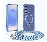 Phoona Glitter Funda para Samsung Galaxy S25 5G con Cuerda, Ajustable Teléfono Cordón, Compatible con MagSafe, Anti-Caída, Carcasa Protectora Silicona AntiChoque, Azul