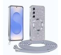 Phoona Glitter Funda para Samsung Galaxy S25 5G con Cuerda, Ajustable Teléfono Cordón, Compatible con MagSafe, Anti-Caída, Carcasa Protectora Silicona AntiChoque, Plata