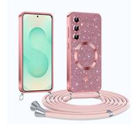 Phoona Glitter Funda para Samsung Galaxy S25 Plus 5G con Cuerda, Ajustable Teléfono Cordón, Compatible con MagSafe, Anti-Caída, Carcasa Protectora Silicona AntiChoque, Rosa