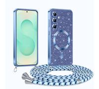 Phoona Glitter Funda para Samsung Galaxy S25 Plus 5G con Cuerda, Ajustable Teléfono Cordón, Compatible con MagSafe, Anti-Caída, Carcasa Protectora Silicona AntiChoque, Azul