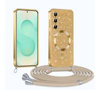 Phoona Glitter Funda para Samsung Galaxy S25 Plus 5G con Cuerda, Ajustable Teléfono Cordón, Compatible con MagSafe, Anti-Caída, Carcasa Protectora Silicona AntiChoque, Oro