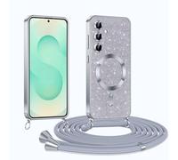Phoona Glitter Funda para Samsung Galaxy S25 Plus 5G con Cuerda, Ajustable Teléfono Cordón, Compatible con MagSafe, Anti-Caída, Carcasa Protectora Silicona AntiChoque, Plata