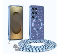Phoona Glitter Funda para Samsung Galaxy S25 Ultra 5G con Cuerda, Ajustable Teléfono Cordón, Compatible con MagSafe, Anti-Caída, Carcasa Protectora Silicona AntiChoque, Azul