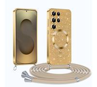 Phoona Glitter Funda para Samsung Galaxy S25 Ultra 5G con Cuerda, Ajustable Teléfono Cordón, Compatible con MagSafe, Anti-Caída, Carcasa Protectora Silicona AntiChoque, Oro