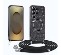 Phoona Glitter Funda para Samsung Galaxy S25 Ultra 5G con Cuerda, Ajustable Teléfono Cordón, Compatible con MagSafe, Anti-Caída, Carcasa Protectora Silicona AntiChoque, Negro