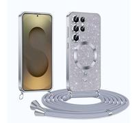 Phoona Glitter Funda para Samsung Galaxy S25 Ultra 5G con Cuerda, Ajustable Teléfono Cordón, Compatible con MagSafe, Anti-Caída, Carcasa Protectora Silicona AntiChoque, Plata