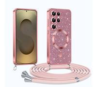 Phoona Glitter Funda para Samsung Galaxy S25 Ultra 5G con Cuerda, Ajustable Teléfono Cordón, Compatible con MagSafe, Anti-Caída, Carcasa Protectora Silicona AntiChoque, Rosa