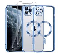 Phoona Transparent Magnética Funda Galvanizada para iPhone 11 Pro 5,8 Pulgadas, con 2 x Protector Pantalla, Compatible con MagSafe Carga Inalámbrica, Suave de TPU Anti-Choques Caso, Azul