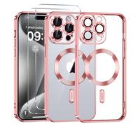 Phoona Transparent Magnética Funda Galvanizada para iPhone 15 Pro MAX 6,7 Pulgadas, con 2 x Protector Pantalla, Compatible con MagSafe Carga Inalámbrica, Suave de TPU Anti-Choques Caso, Rosa