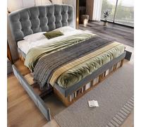 phosir Cama tapizada de 140 x 190 cm, color gris, cama doble con funda de terciopelo, somier, cabecero regulable en altura, cajones y espacio de almacenamiento, sin colchón