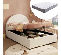 phosir Cama tapizada de 140 x 200 cm, color beige, cama infantil y juvenil con funda de terciopelo, colchón, almacenamiento hidráulico, cabecero acolchado y somier, capacidad de carga 220 kg