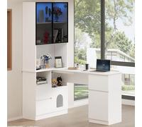 phosir Escritorio esquinero de 120 x 80 x 180 cm con pasaje de cable, 3 cajones, 2 puertas, compartimentos abiertos y compartimento para mascotas, mesa de oficina estable para oficina en casa y