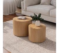 phosir Juego de 2 mesas de centro redondas sin montaje, mesas nido con discos de anillo de árbol auténticos, diámetro de 48 y 38 cm, chapa de madera natural, mesa auxiliar y mesa de sofá, ahorra