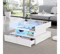 phosir Mesa de centro blanca de alto brillo ajustable con iluminación LED, función plegable, espacio de almacenamiento oculto, dos cajones y tapa de cristal, 80 x 80 x 45 cm (cuadrada)