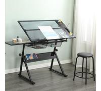 phosir Mesa de dibujo negra con tapa de cristal y silla, altura regulable, inclinación 0-75°, 2 cajones de metal, barra de almacenamiento, mesa de trabajo para oficina en casa y escuela