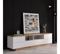 phosir Mueble bajo de 180 x 38 x 46 cm, color blanco, grano de madera con 5 puertas, compartimentos abiertos, capacidad de carga de 50 kg, para televisor de 75 pulgadas, aparador de salón