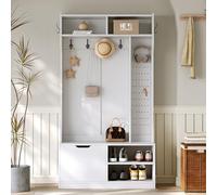 phosir Muebles de pasillo, juego de perchero multifuncional con banco y zapatero, con tablero, 6 ganchos, blanco, 100 x 185,5 x 40 cm