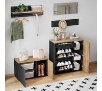 phosir Perchero de 5 piezas con zapatero, banco, espejo y 4 ganchos. Perchero para ahorrar espacio para pasillos, pasillos, apartamentos pequeños, madera natural/negro