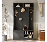 phosir Zapatero con banco y perchero de pasillo, armario con barra para colgar, tablón de anuncios y protección antivuelco, moderno juego de muebles de pasillo en negro, 100 x 185 x 40 cm