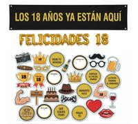 Photocall 18 Cumpleaños - Decoración Cumpleaños Feliz Con Pancarta Negra 200x40 cm Globos Letras Doradas y Numero 18 - Stickers Divertidos Accesorios Fiesta Adultos Hombre Mujer happybirthday fotocoll