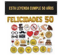 Photocall 50 Cumpleaños - Decoración Cumpleaños Feliz Con Pancarta Negra 200x40 cm Globos Letras Doradas y Numero 50 - Stickers Divertidos Accesorios Fiesta Adultos Hombre Mujer happybirthday fotocoll