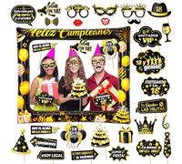 Photocall Feliz 18 Cumpleaños 28Pcs Accesorios + Marco Hinchable Oro Negro