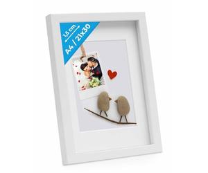 PHOTOLINI 3D Marco de fotos A4 21x30 cm para rellenar, blanco, marco con profundidad para objetos de hasta 1,5 cm, madera MDF con paspartú y cristal - para manualidades y como regalo