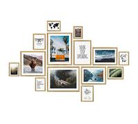 PHOTOLINI Juego de 14 marcos oro madera MDF, marcos para pósteres, cristal acrílico, para colgar, incluye accesorios - para fotos, láminas y pósteres