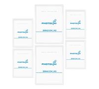 PHOTOLINI Juego de 6 marcos blanco madera MDF, marcos para pósteres, 2x A3 y 4x A4, cristal acrílico, para colgar, incluye accesorios - para fotos, láminas y pósteres