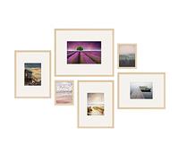 PHOTOLINI Juego de 6 marcos madera MDF natural, marcos para pósteres 15x20 a 40x50 cm, con paspartú, cristal acrílico, para colgar, incluye accesorios - para fotos, láminas y pósteres