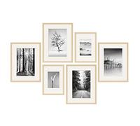 PHOTOLINI Juego de 6 marcos madera MDF natural, marcos para pósteres 21x30 y 30x40 cm, con paspartú, cristal acrílico, para colgar, incluye accesorios - para fotos, láminas y pósteres