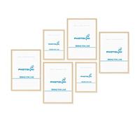PHOTOLINI Juego de 6 marcos madera MDF natural, marcos para pósteres, 4x A3 y 2x A4, cristal acrílico, para colgar, incluye accesorios - para fotos, láminas y pósteres