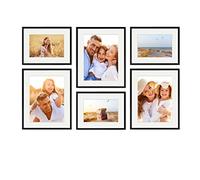 PHOTOLINI Juego de 6 marcos negro madera MDF, marcos para pósteres, con paspartú, 30x40 y 40x50 cm, cristal acrílico, para colgar, incluye accesorios - para fotos, láminas y pósteres