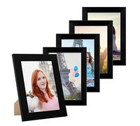 PHOTOLINI Marco 10x15 cm negro madera MDF, set de 5 marcos anchos, moderno, cristal acrílico sólido, para colgar y poner de pie, accesorios adicionales - para una decoración elegante de su pared