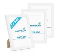 PHOTOLINI Marcos 10x15 cm blanco madera MDF, set de 3 marcos para pósteres, cristal acrílico, para colgar y poner de pie, incluye accesorios - para fotos, láminas y pósteres