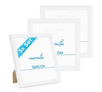 PHOTOLINI Marcos 15x15 cm blanco madera MDF, set de 3 marcos para pósteres, cristal acrílico, para colgar y poner de pie, incluye accesorios - para fotos, láminas y pósteres