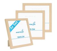 PHOTOLINI Marcos 15x15 cm madera MDF natural, set de 3 marcos para pósteres, cristal acrílico, para colgar y poner de pie, incluye accesorios - para fotos, láminas y pósteres