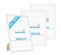 PHOTOLINI Marcos 18x24 cm blanco madera MDF, set de 3 marcos para pósteres, cristal acrílico, para colgar y poner de pie, incluye accesorios - para fotos, láminas y pósteres
