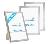 PHOTOLINI Marcos 18x24 cm plata madera MDF, set de 3 marcos para pósteres, cristal acrílico, para colgar y poner de pie, incluye accesorios - para fotos, láminas y pósteres