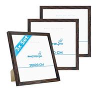 PHOTOLINI Marcos 20x20 cm madera MDF roble oscuro, set de 3 marcos para pósteres, cristal acrílico, para colgar y poner de pie, incluye accesorios - para fotos, láminas y pósteres