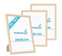 PHOTOLINI Marcos 20x30 cm madera MDF natural, set de 3 marcos para pósteres, cristal acrílico, para colgar y poner de pie, incluye accesorios - para fotos, láminas y pósteres
