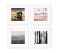 PHOTOLINI Marcos 30x30 cm blanco madera MDF, set de 4 marcos para pósteres con paspartú 20x20 cm, cristal acrílico, para colgar y poner de pie, incluye accesorios - para fotos, láminas y pósteres