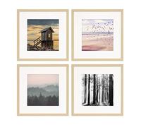 PHOTOLINI Marcos 30x30 cm madera MDF natural, set de 4 marcos para pósteres con paspartú 20x20 cm, cristal acrílico, para colgar y poner de pie, incluye accesorios - para fotos, láminas y pósteres