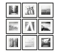 PHOTOLINI Marcos 30x30 cm negro madera MDF, set de 9 marcos para pósteres con paspartú 20x20 cm, cristal acrílico, para colgar y poner de pie, incluye accesorios - para fotos, láminas y pósteres