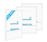 PHOTOLINI Marcos 30x40 cm blanco madera MDF, set de 3 marcos para pósteres, cristal acrílico, para colgar, incluye accesorios - para fotos, láminas y pósteres