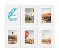 PHOTOLINI Marcos 30x40 cm blanco madera MDF, set de 6 marcos para pósteres con paspartú 20x30 cm, cristal acrílico, para colgar y poner de pie, incluye accesorios - para fotos, láminas y pósteres