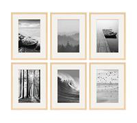 PHOTOLINI Marcos 30x40 cm madera MDF natural, set de 6 marcos para pósteres con paspartú 20x30 cm, cristal acrílico, para colgar y poner de pie, incluye accesorios - para fotos, láminas y pósteres