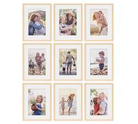 PHOTOLINI Marcos 30x40 cm madera MDF natural, set de 9 marcos para pósteres con paspartú 20x30 cm, cristal acrílico, para colgar y poner de pie, incluye accesorios - para fotos, láminas y pósteres