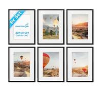 PHOTOLINI Marcos 30x40 cm negro madera MDF, set de 6 marcos para pósteres con paspartú 20x30 cm, cristal acrílico, para colgar y poner de pie, incluye accesorios - para fotos, láminas y pósteres